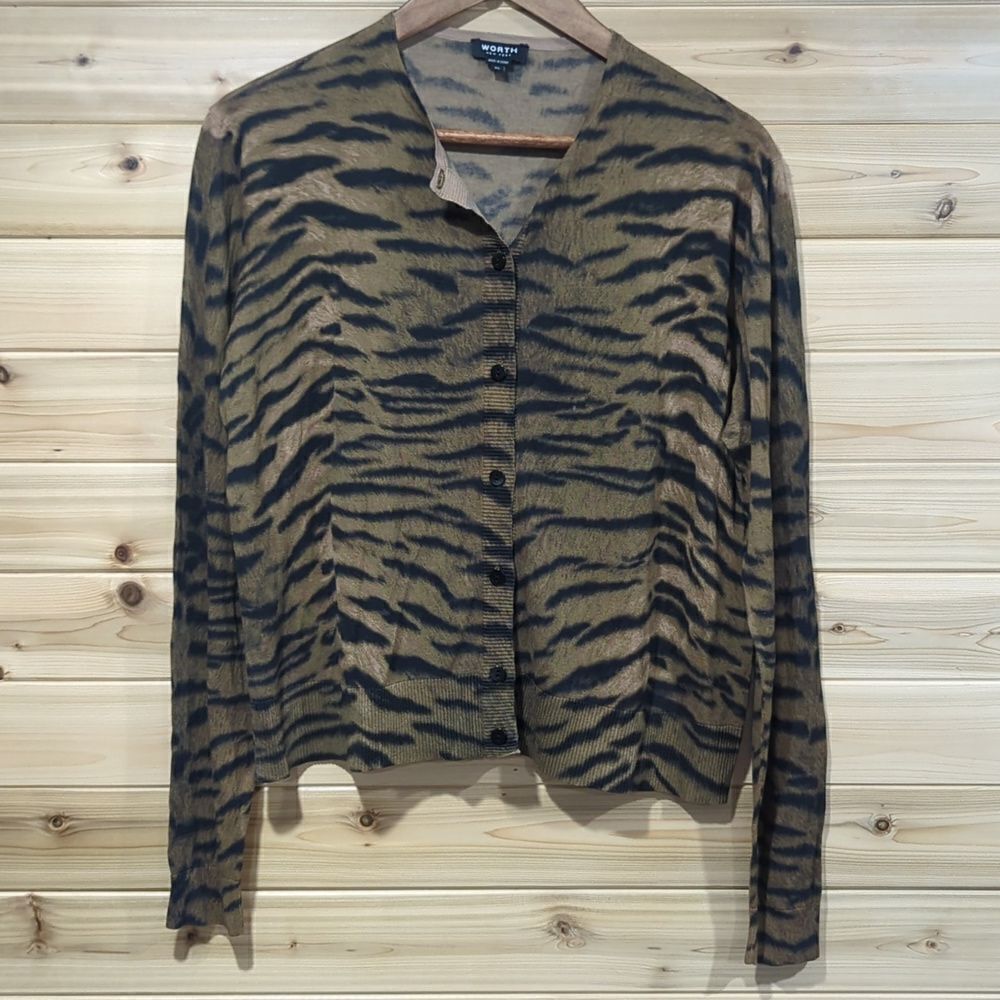 Worth Womens Sweater XL Tan‎ Animal Print Cardigan Lightweight
